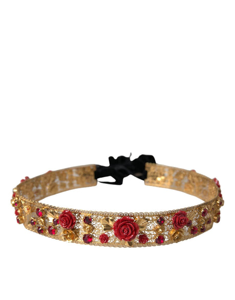 Dolce & Gabbana Gold Brass Red Roses Crystal Jewel Waist Belt - Hilstor