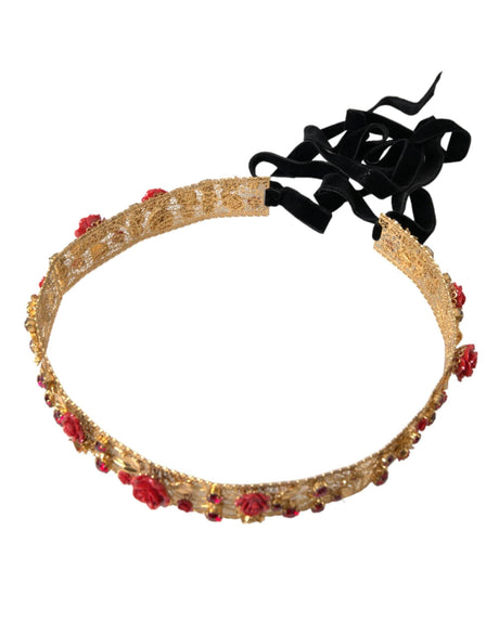 Dolce & Gabbana Gold Brass Red Roses Crystal Jewel Waist Belt - Hilstor