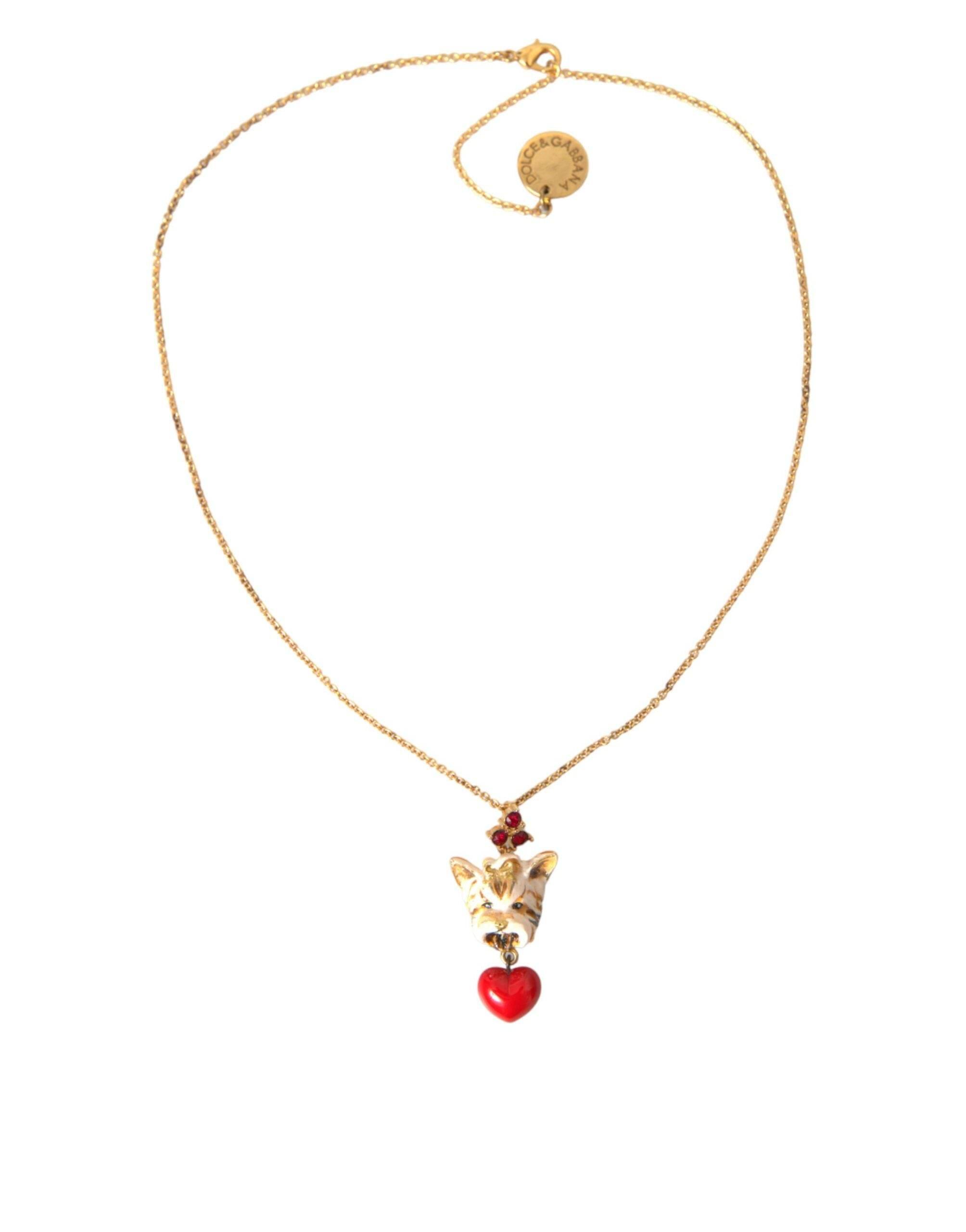 Dolce & Gabbana Gold Brass Chain Dog Heart Pendant Charm Necklace - Hilstor