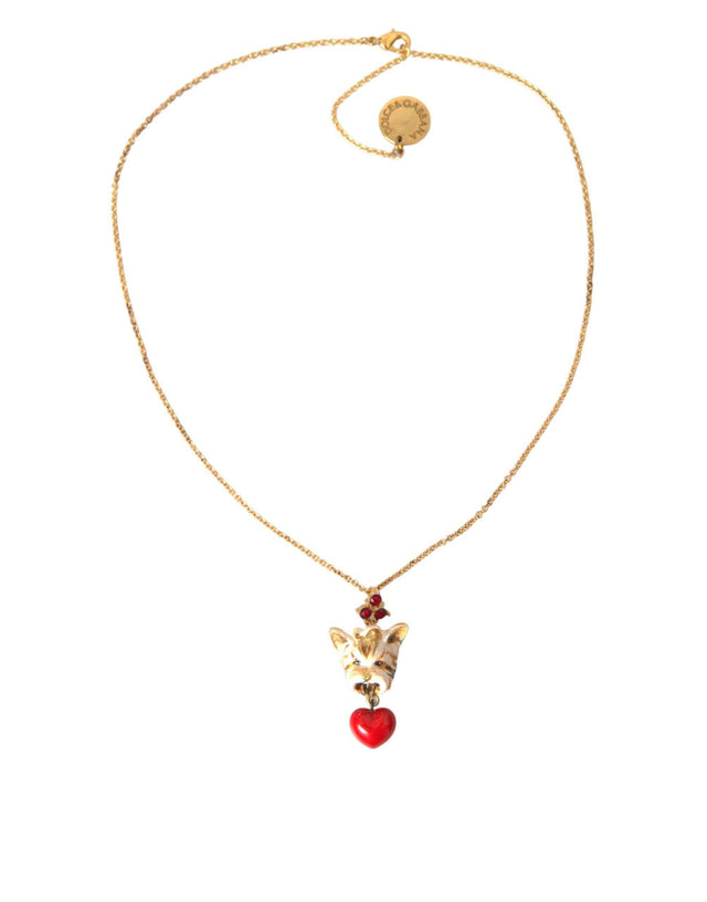 Dolce & Gabbana Gold Brass Chain Dog Heart Pendant Charm Necklace - Hilstor