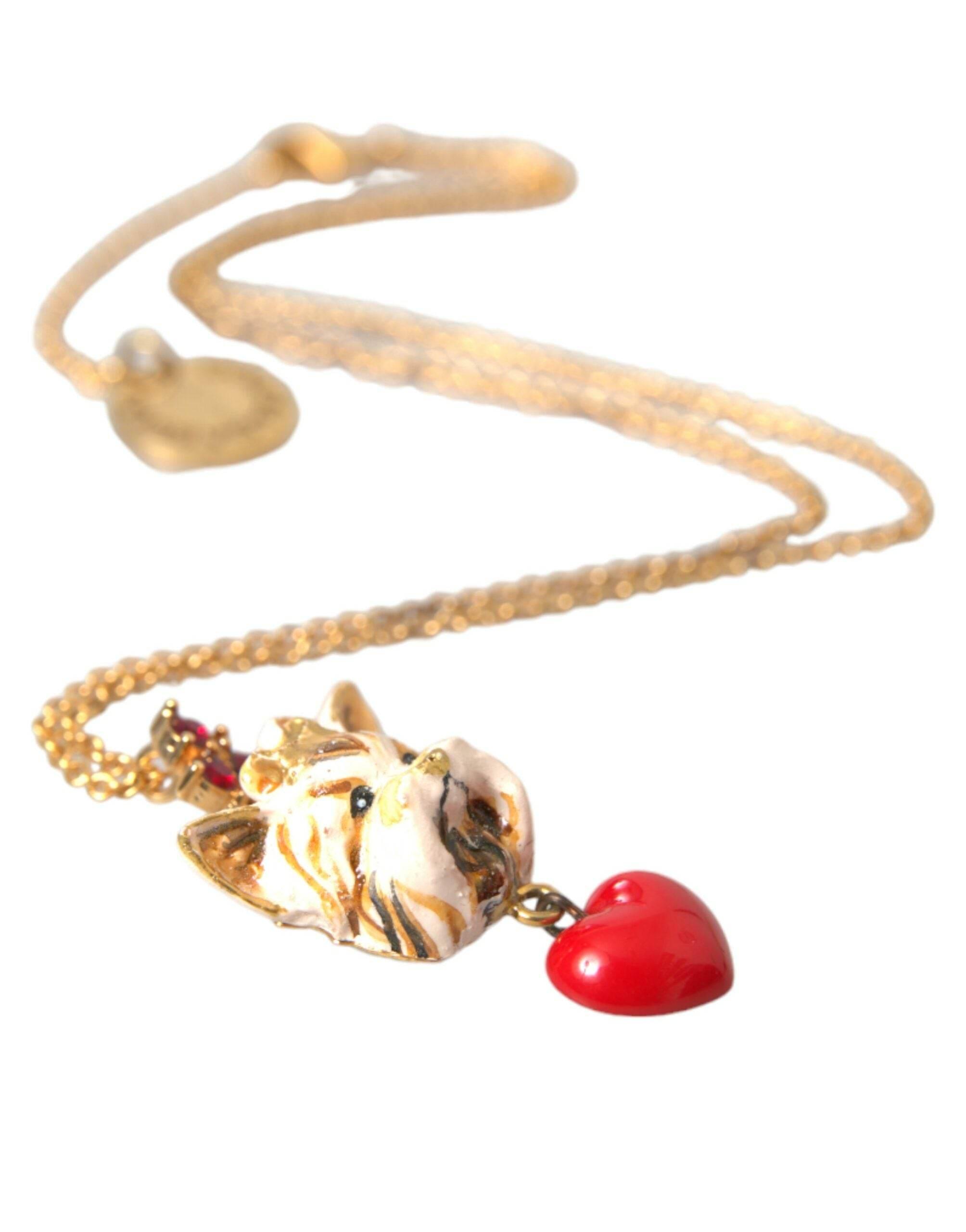 Dolce & Gabbana Gold Brass Chain Dog Heart Pendant Charm Necklace - Hilstor