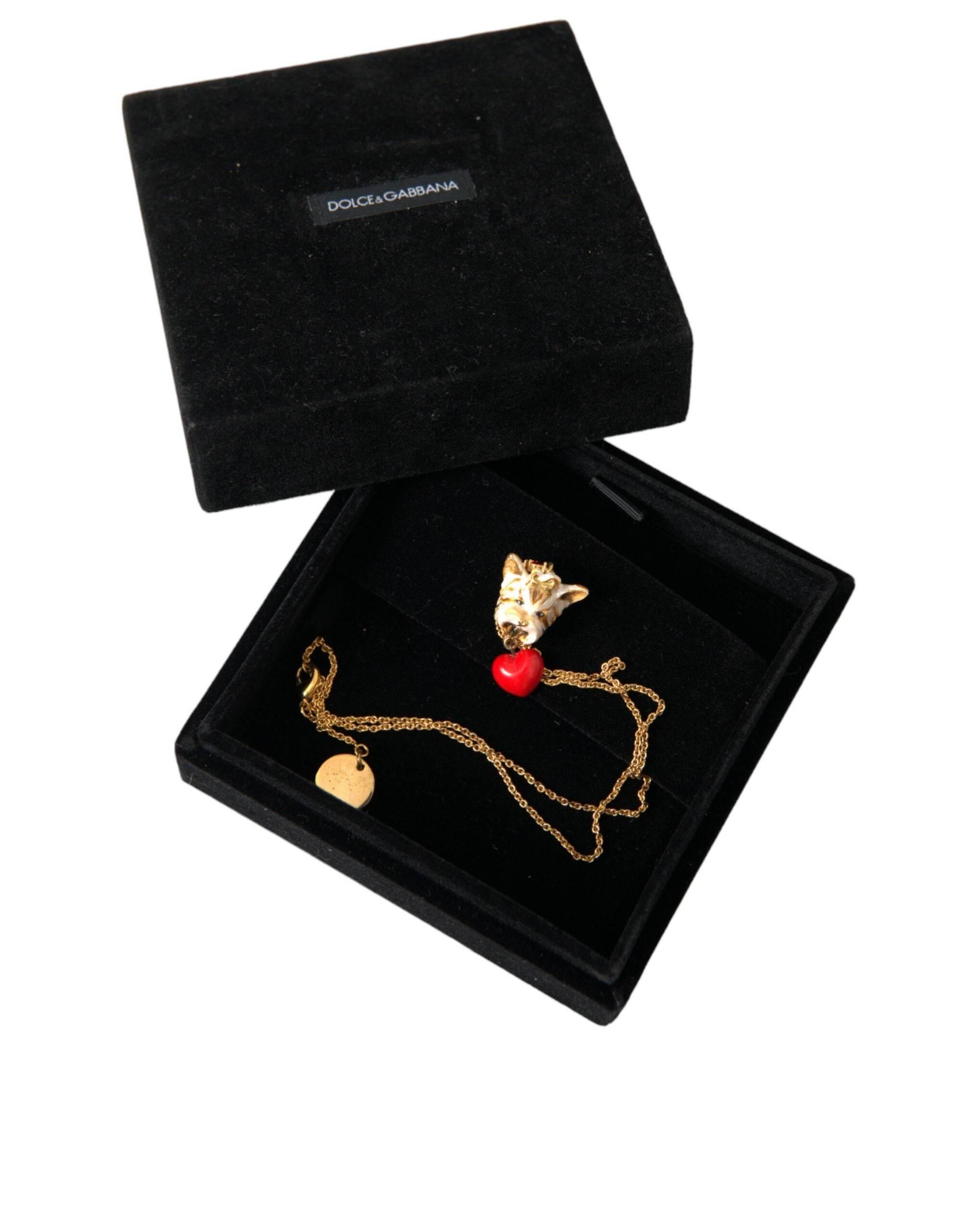 Dolce & Gabbana Gold Brass Chain Dog Heart Pendant Charm Necklace - Hilstor