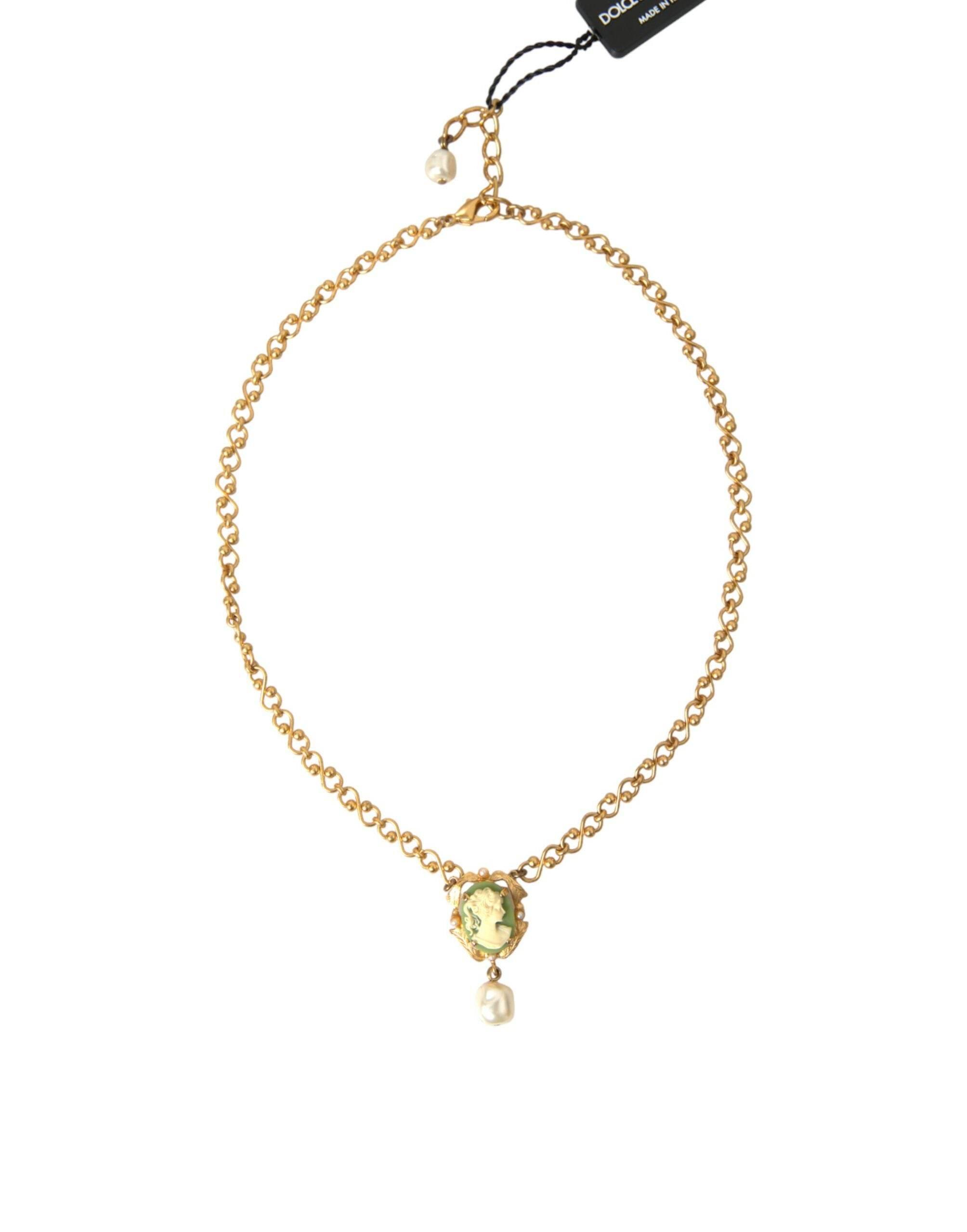 Dolce & Gabbana Gold Brass Chain Pearl Pendant Charm Necklace - Hilstor