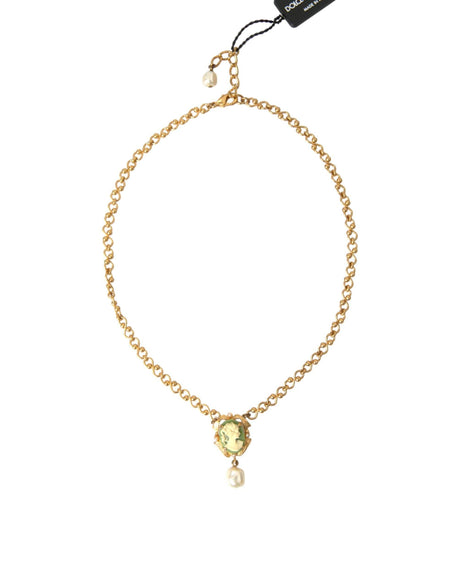 Dolce & Gabbana Gold Brass Chain Pearl Pendant Charm Necklace - Hilstor
