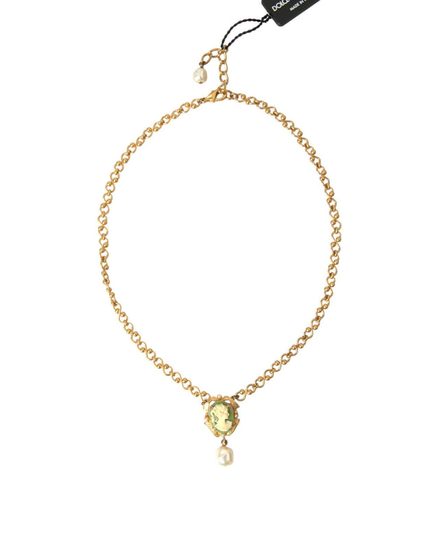 Dolce & Gabbana Gold Brass Chain Pearl Pendant Charm Necklace - Hilstor