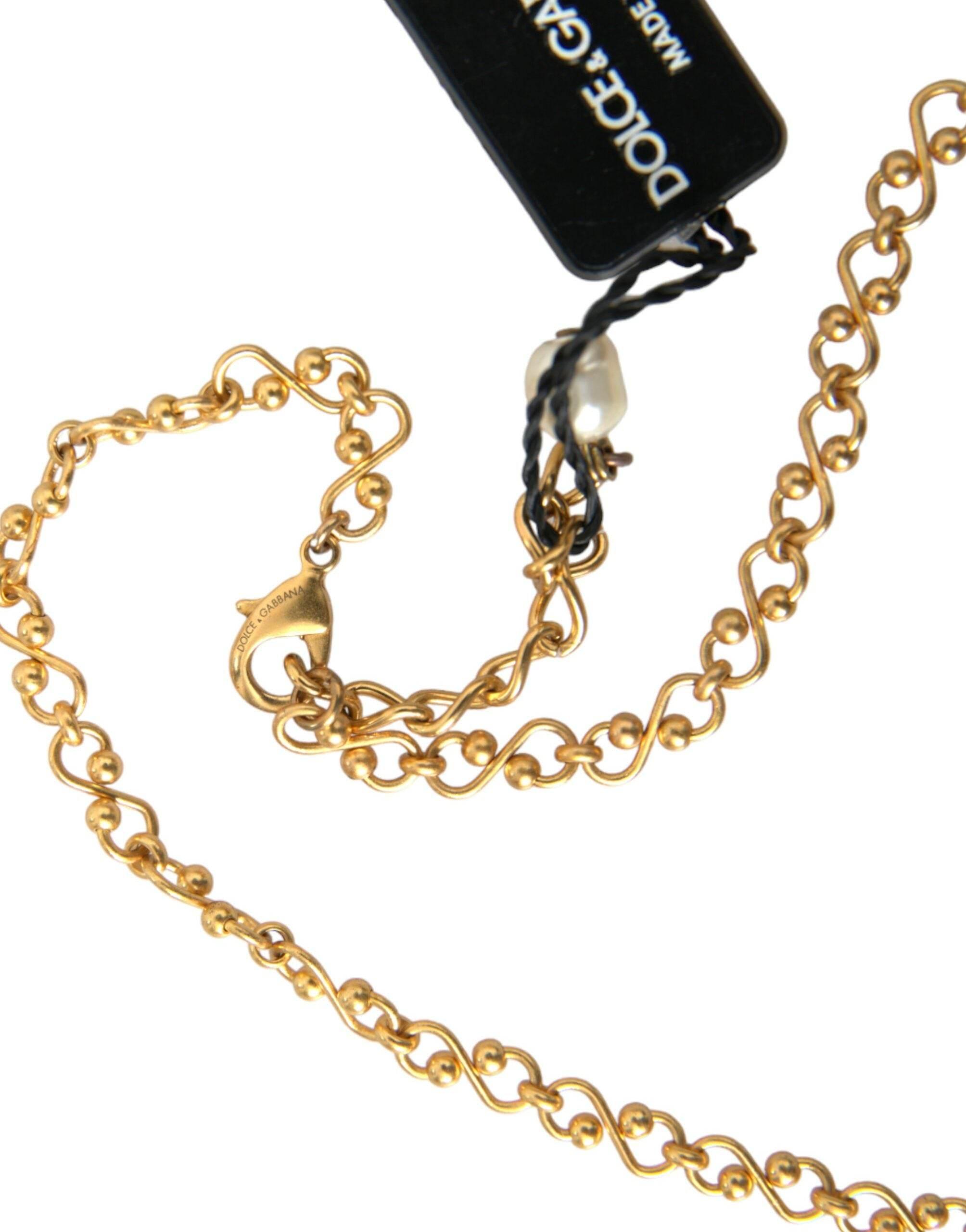 Dolce & Gabbana Gold Brass Chain Pearl Pendant Charm Necklace - Hilstor