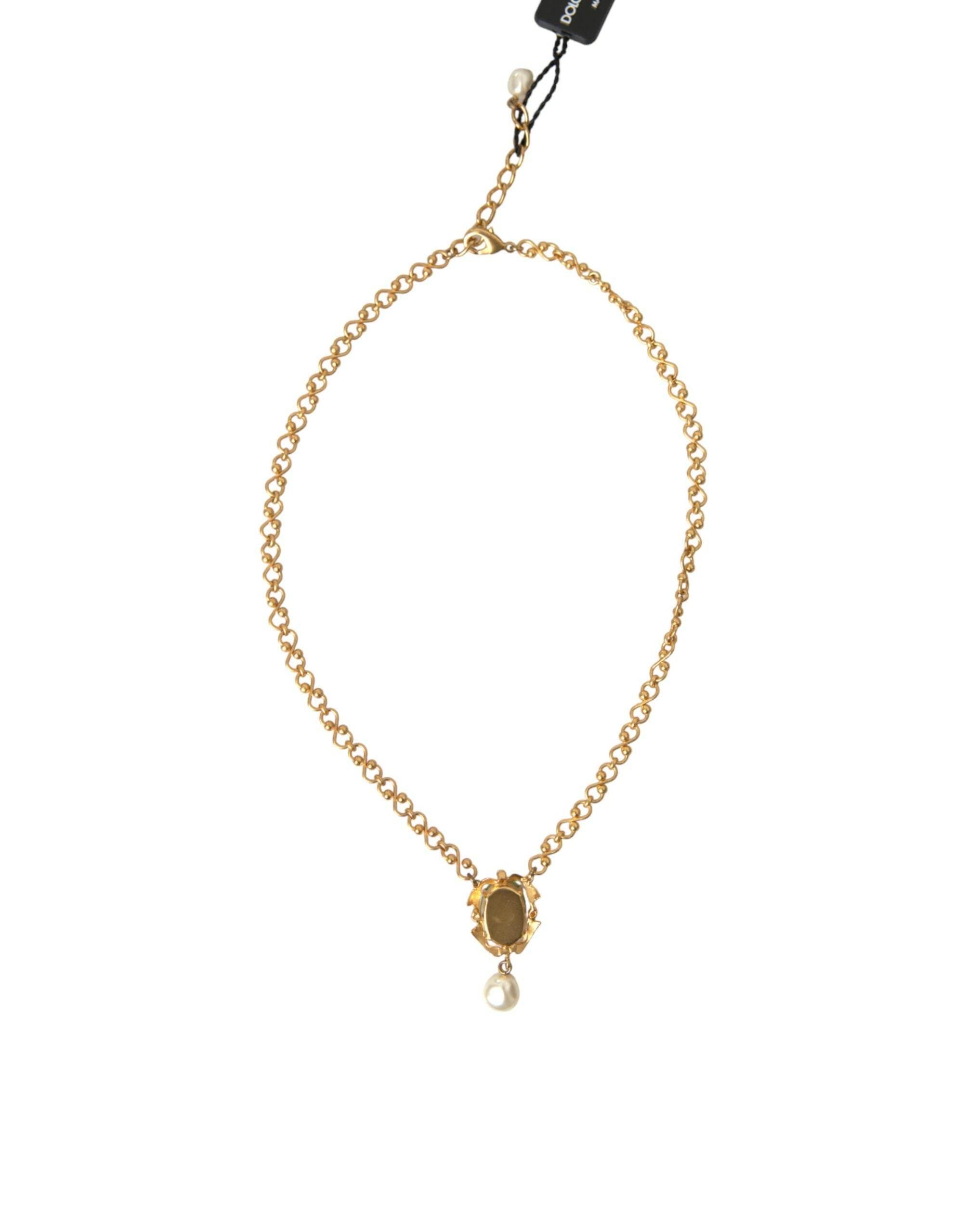 Dolce & Gabbana Gold Brass Chain Pearl Pendant Charm Necklace - Hilstor