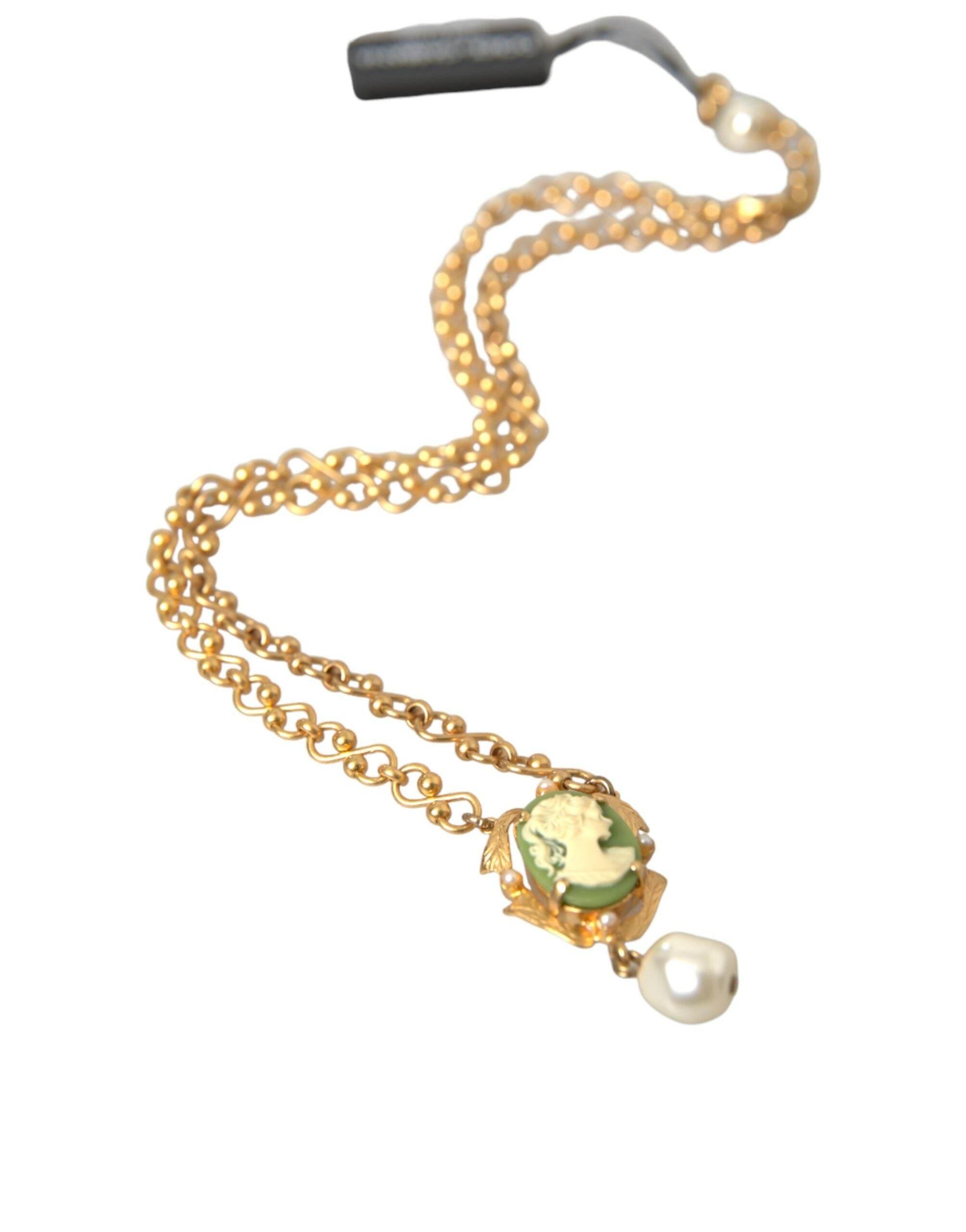 Dolce & Gabbana Gold Brass Chain Pearl Pendant Charm Necklace - Hilstor