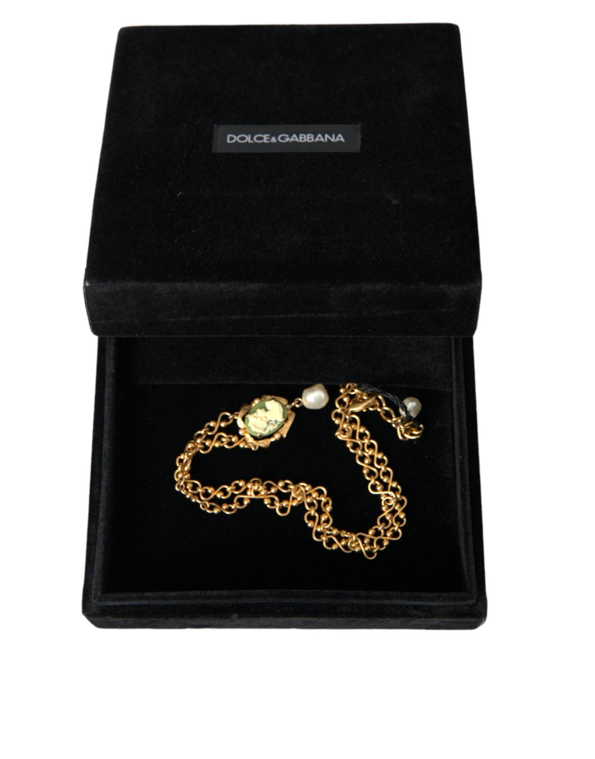 Dolce & Gabbana Gold Brass Chain Pearl Pendant Charm Necklace - Hilstor
