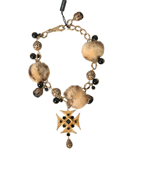 Dolce & Gabbana Gold Black Crystals Lapin Fur Filigree Chocker Necklace - Hilstor