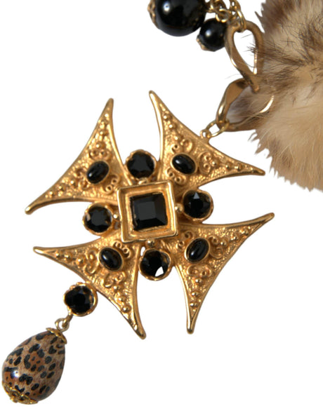 Dolce & Gabbana Gold Black Crystals Lapin Fur Filigree Chocker Necklace - Hilstor
