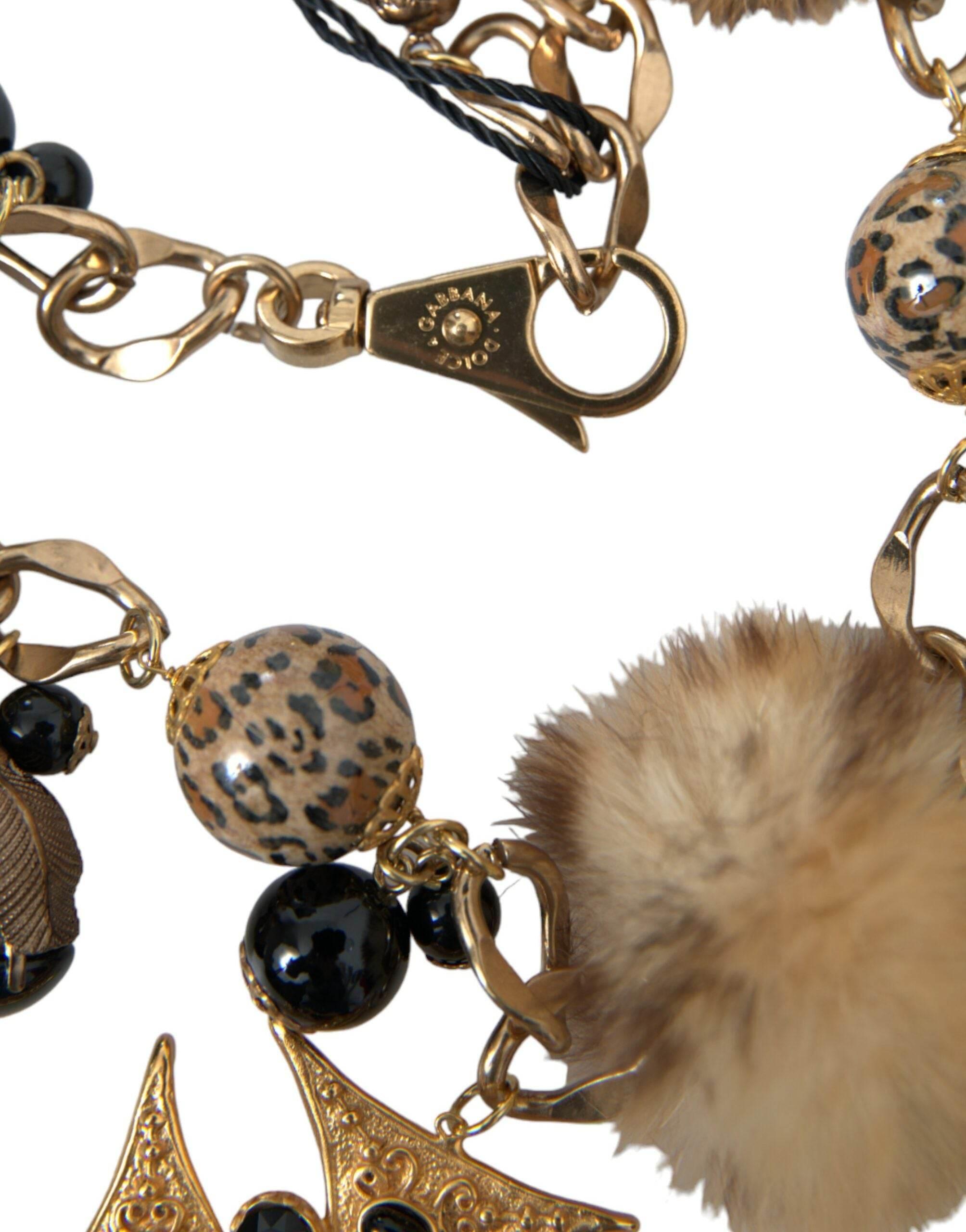 Dolce & Gabbana Gold Black Crystals Lapin Fur Filigree Chocker Necklace - Hilstor