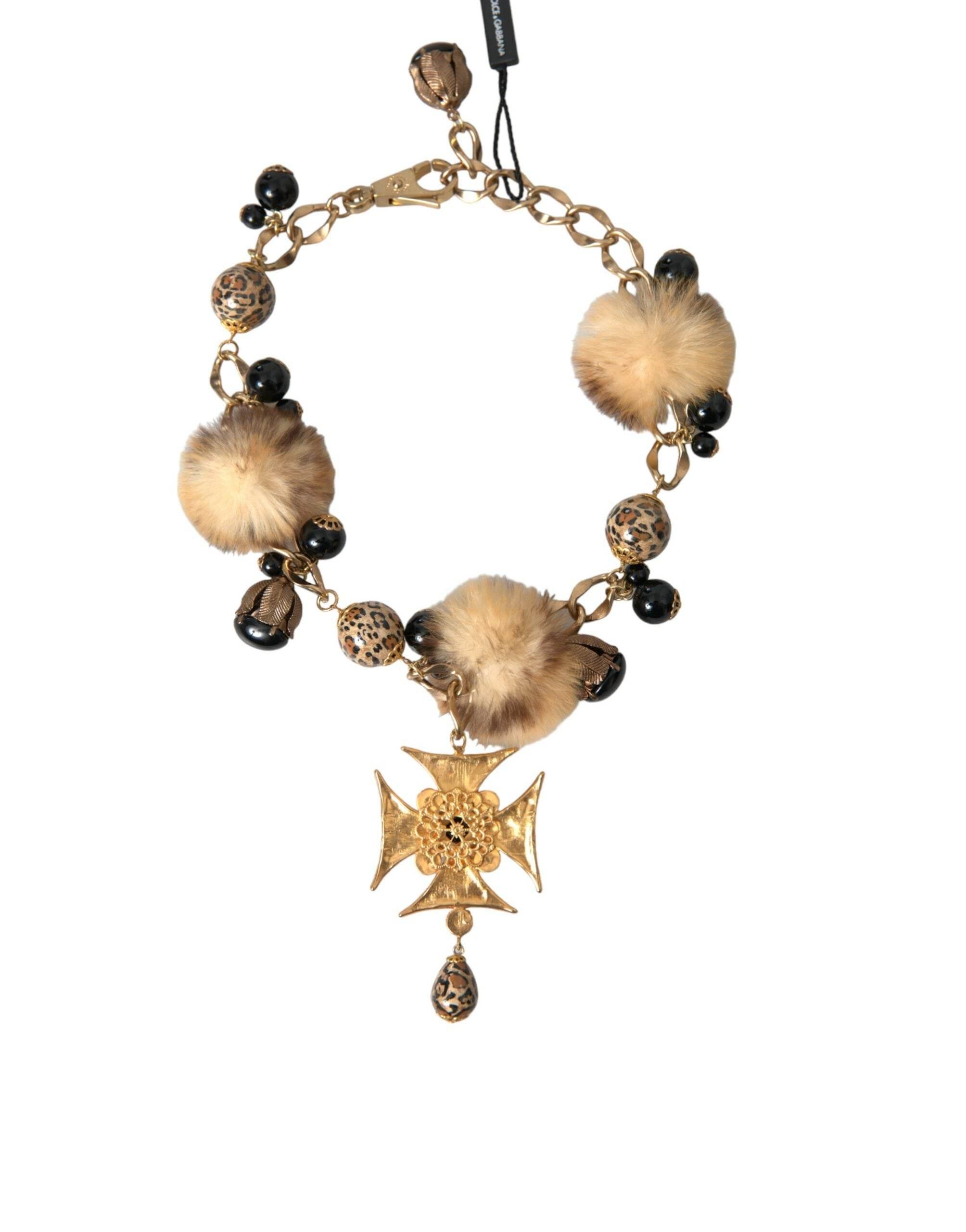 Dolce & Gabbana Gold Black Crystals Lapin Fur Filigree Chocker Necklace - Hilstor