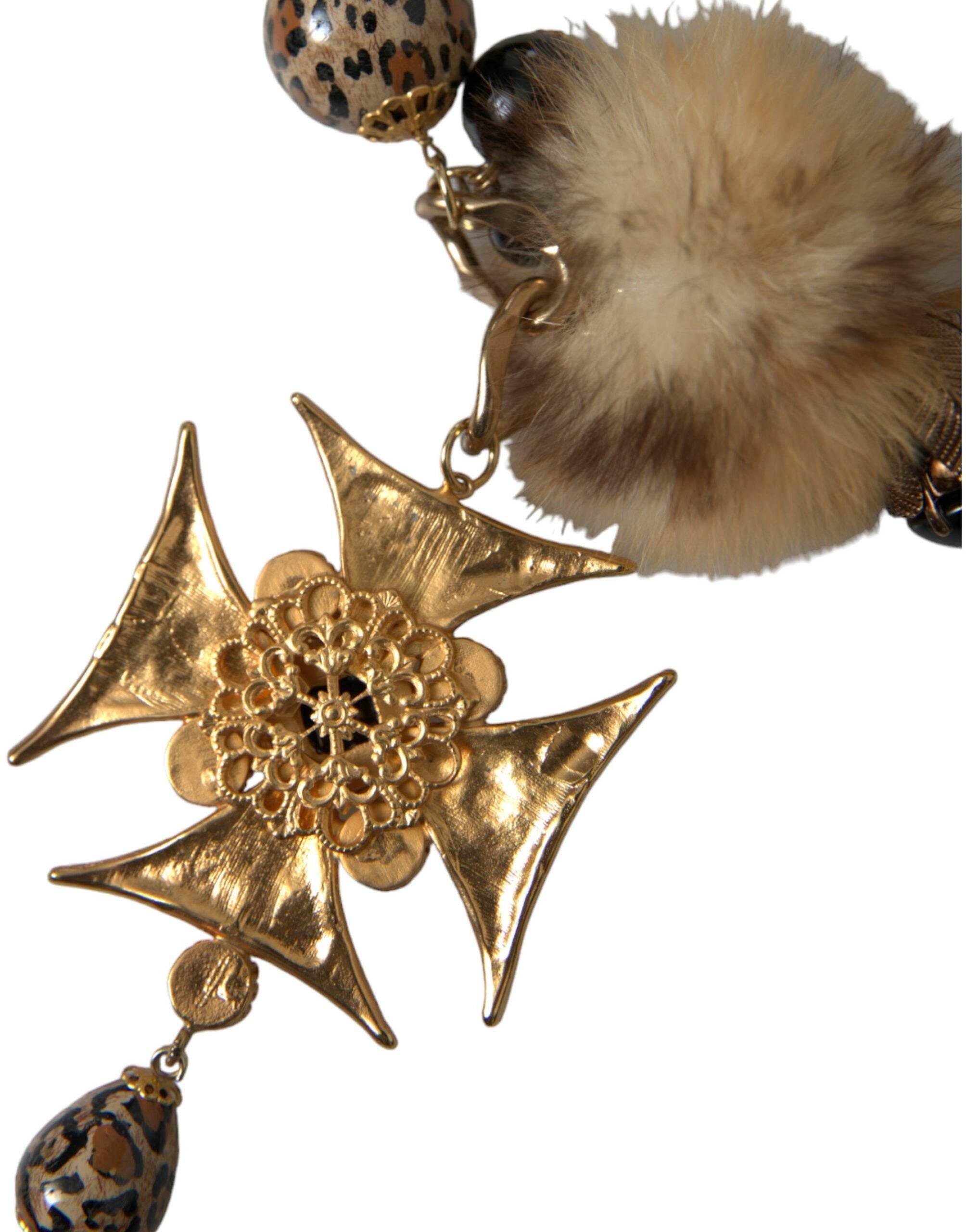 Dolce & Gabbana Gold Black Crystals Lapin Fur Filigree Chocker Necklace - Hilstor