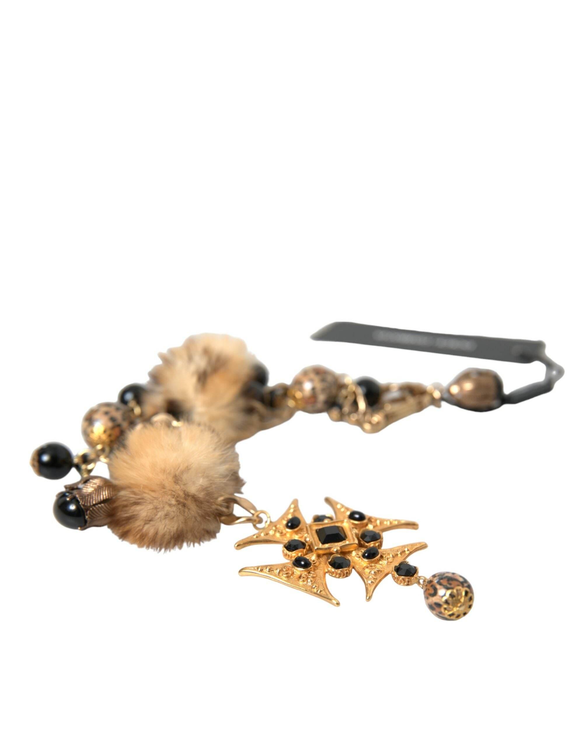 Dolce & Gabbana Gold Black Crystals Lapin Fur Filigree Chocker Necklace - Hilstor