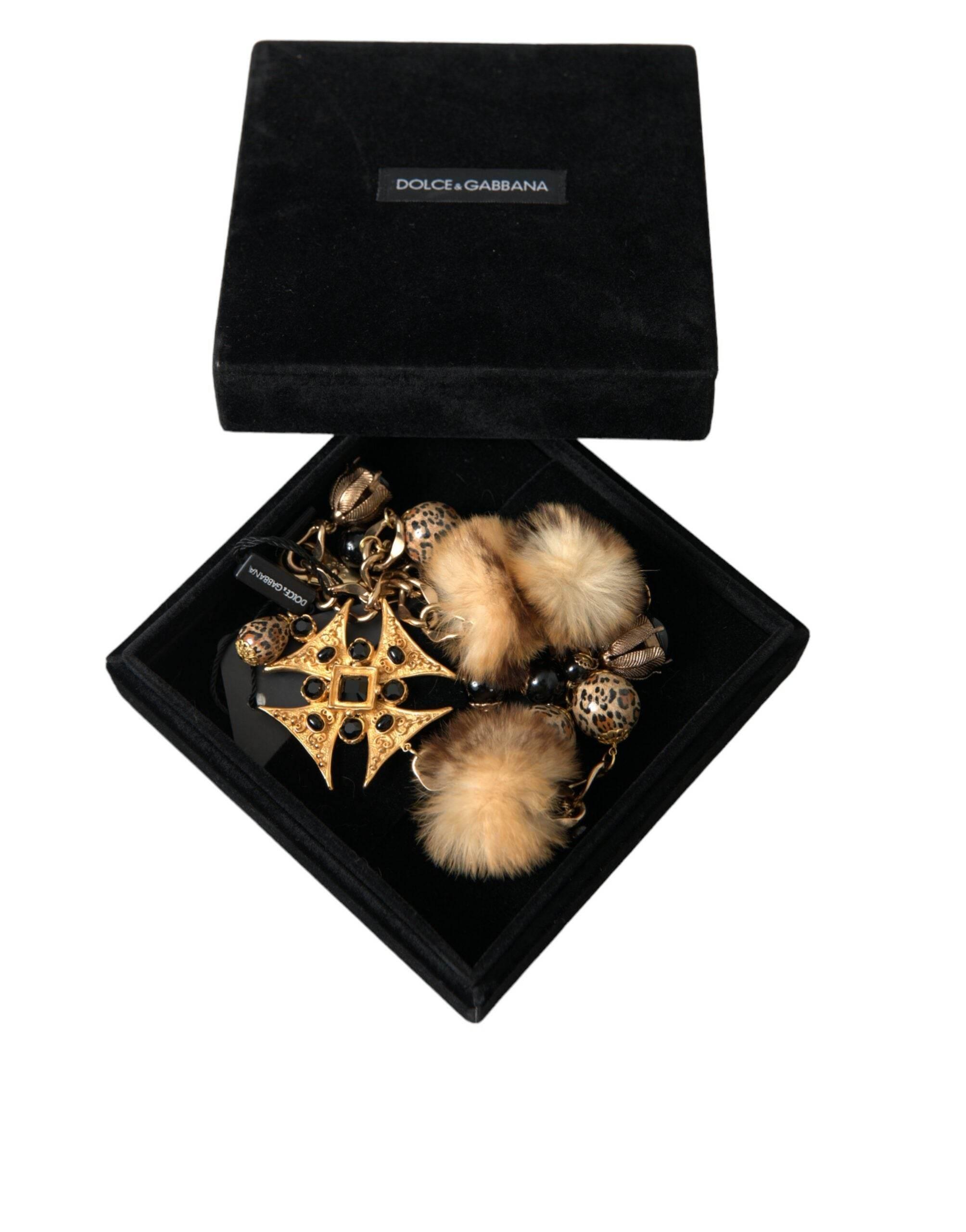 Dolce & Gabbana Gold Black Crystals Lapin Fur Filigree Chocker Necklace - Hilstor
