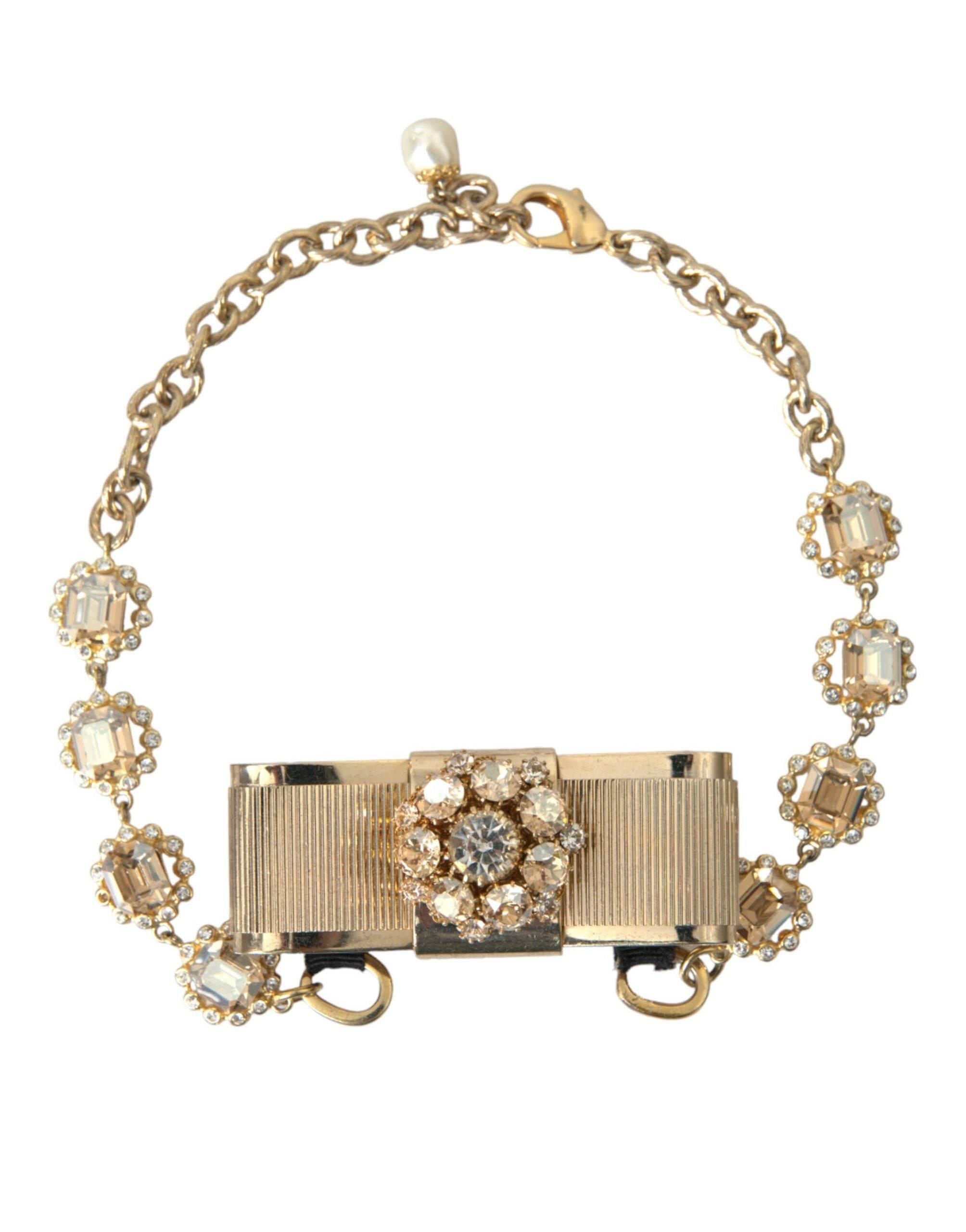 Dolce & Gabbana Gold Brass Clear Crystal Bow Chain Choker Necklace - Hilstor