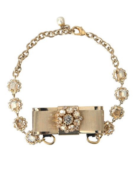 Dolce & Gabbana Gold Brass Clear Crystal Bow Chain Choker Necklace - Hilstor