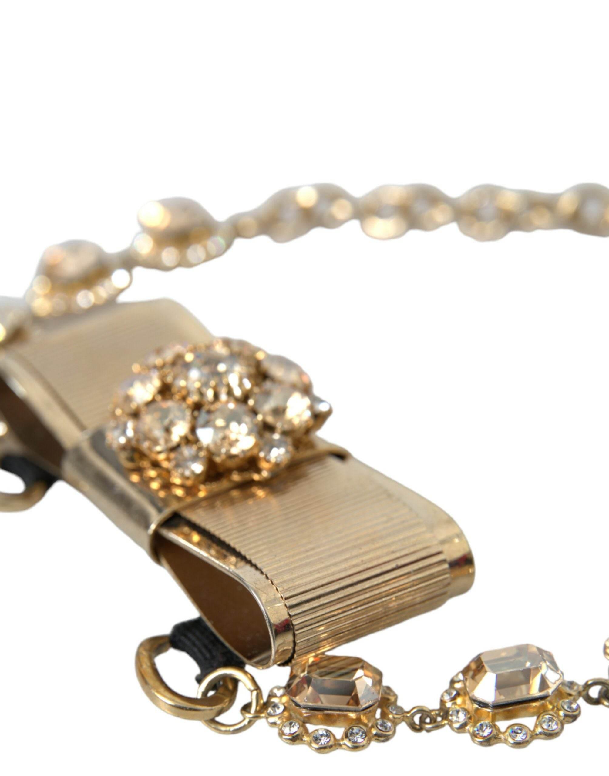 Dolce & Gabbana Gold Brass Clear Crystal Bow Chain Choker Necklace - Hilstor