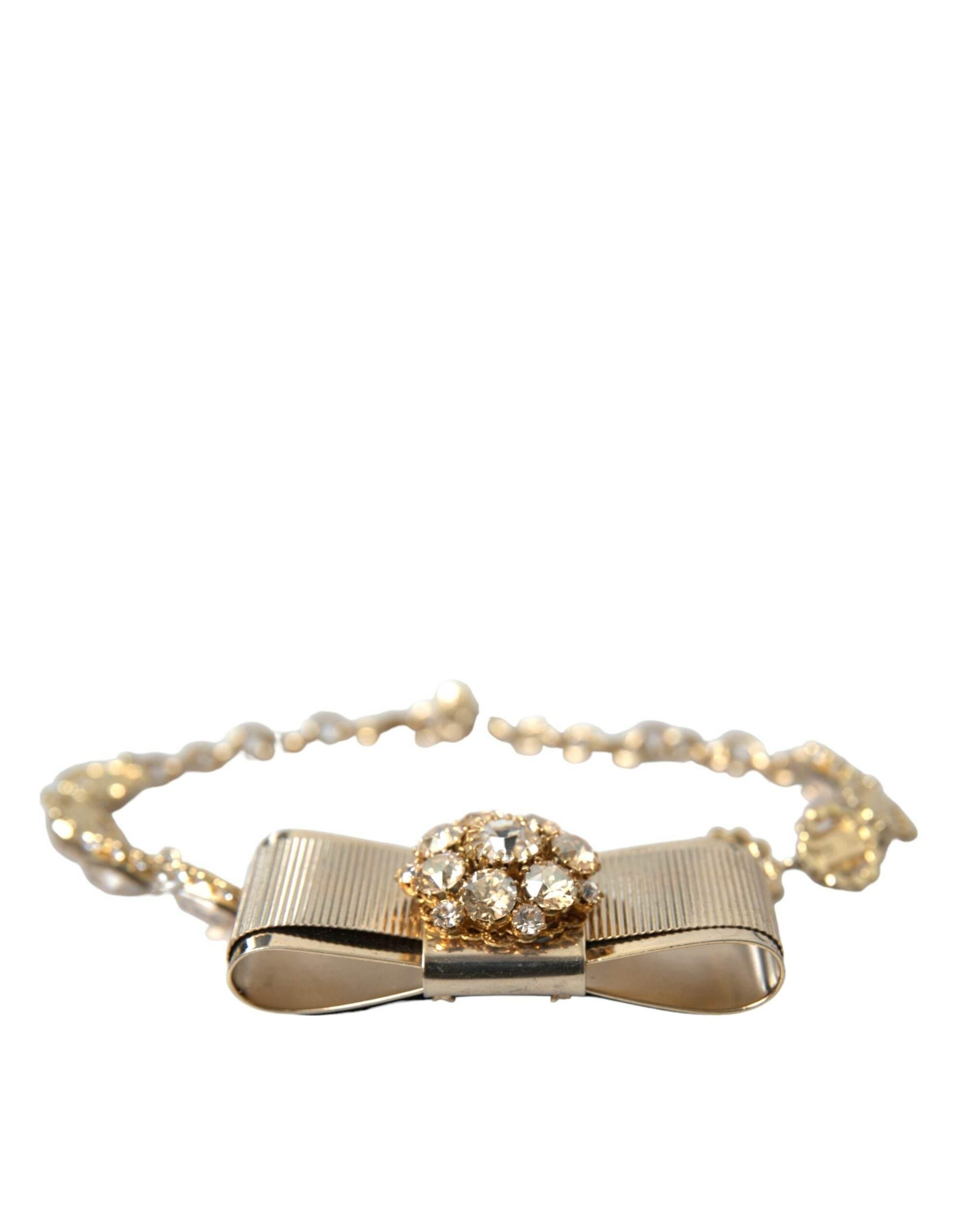 Dolce & Gabbana Gold Brass Clear Crystal Bow Chain Choker Necklace - Hilstor