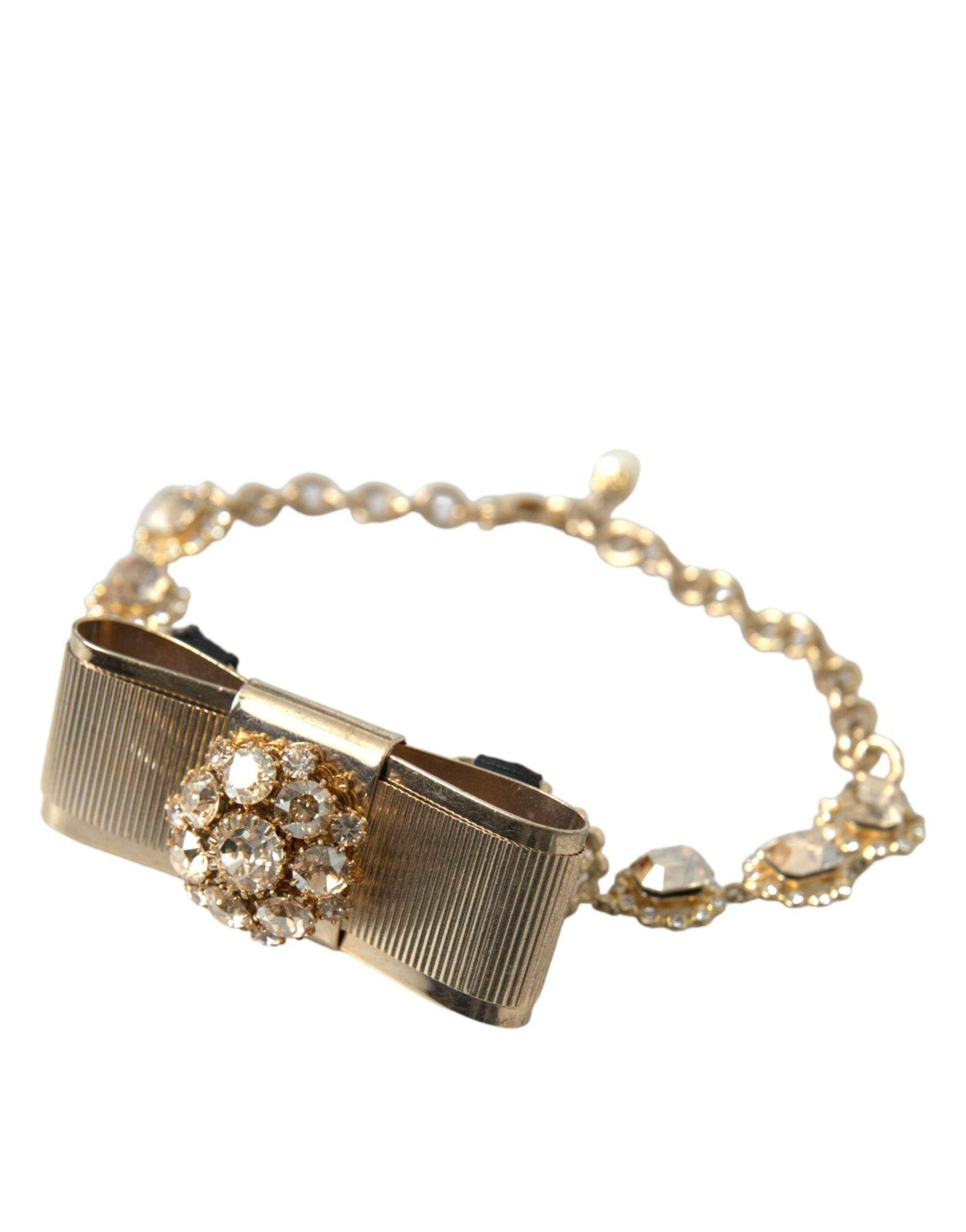 Dolce & Gabbana Gold Brass Clear Crystal Bow Chain Choker Necklace - Hilstor