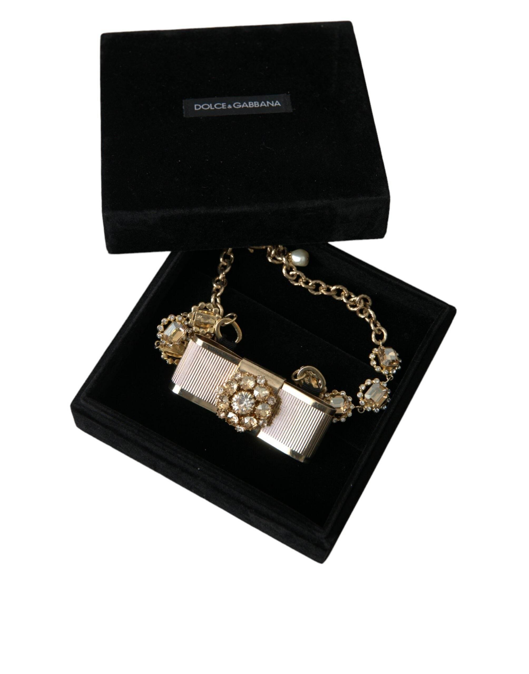 Dolce & Gabbana Gold Brass Clear Crystal Bow Chain Choker Necklace - Hilstor