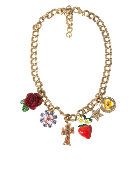 Dolce & Gabbana Gold Chain Rose Cross Strawberry Star Pendant Necklace - Hilstor