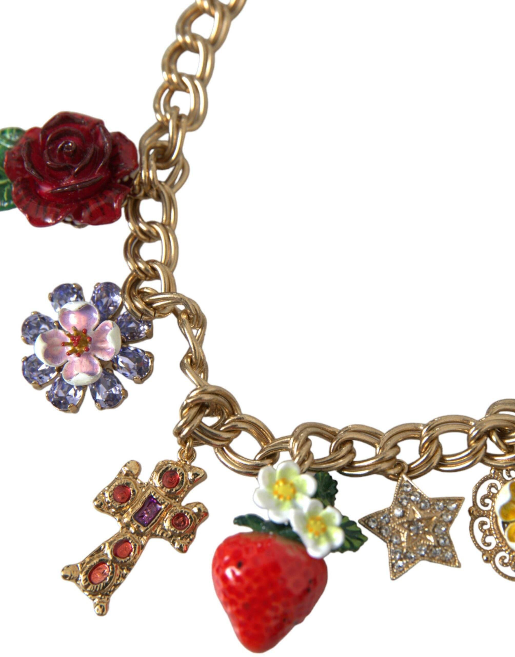 Dolce & Gabbana Gold Chain Rose Cross Strawberry Star Pendant Necklace - Hilstor