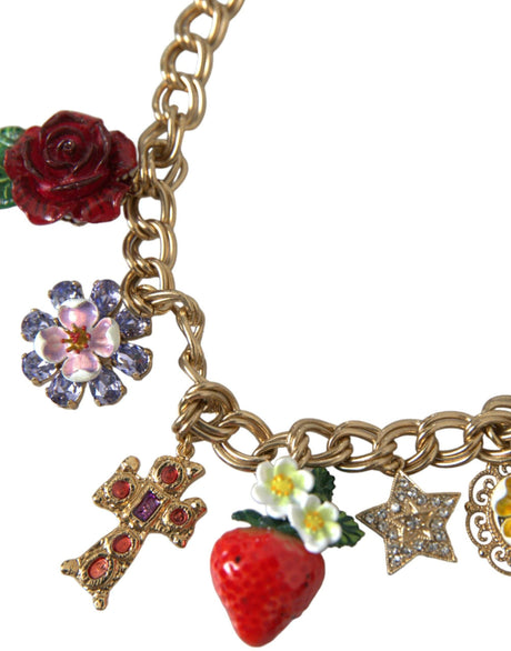 Dolce & Gabbana Gold Chain Rose Cross Strawberry Star Pendant Necklace - Hilstor