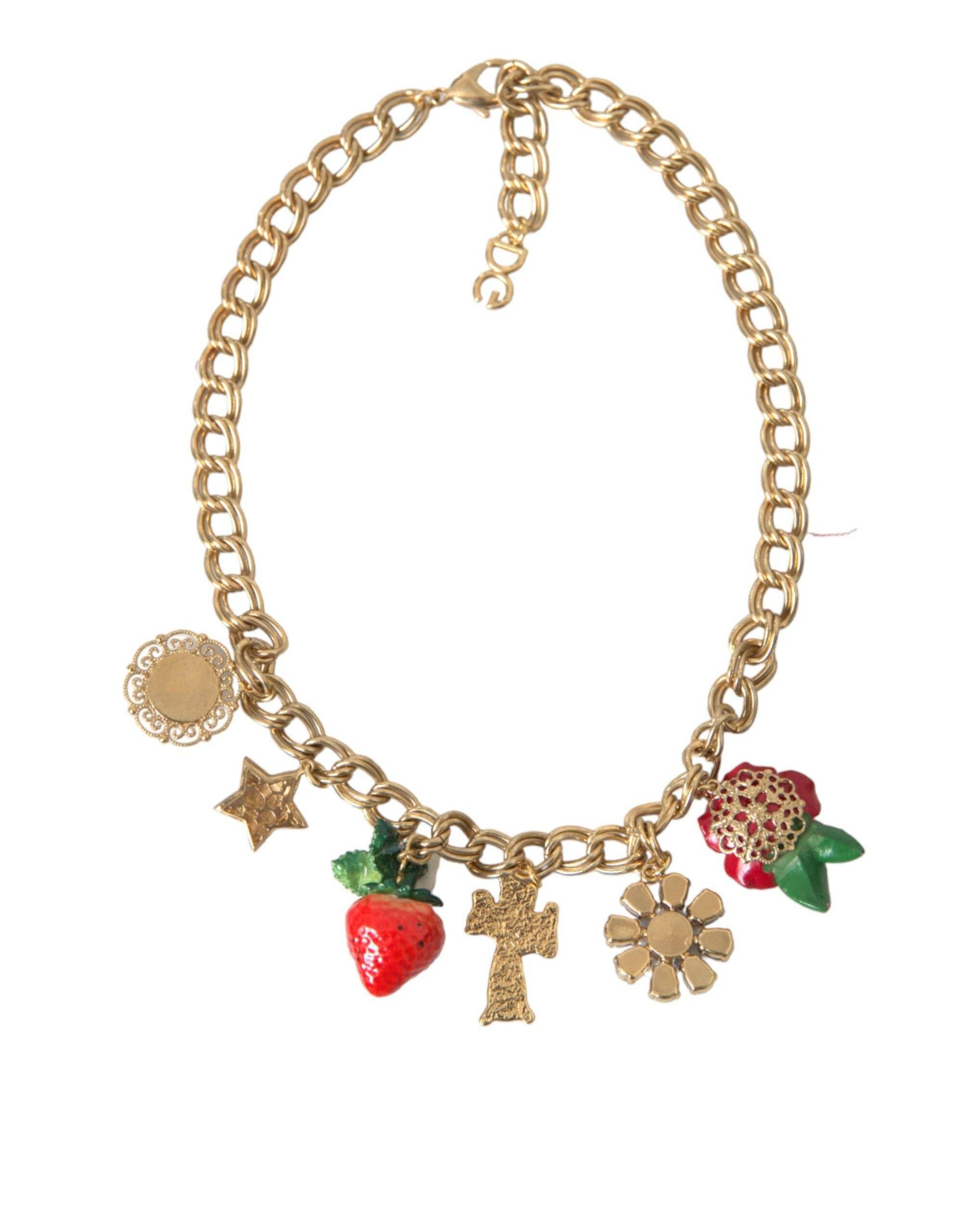 Dolce & Gabbana Gold Chain Rose Cross Strawberry Star Pendant Necklace - Hilstor