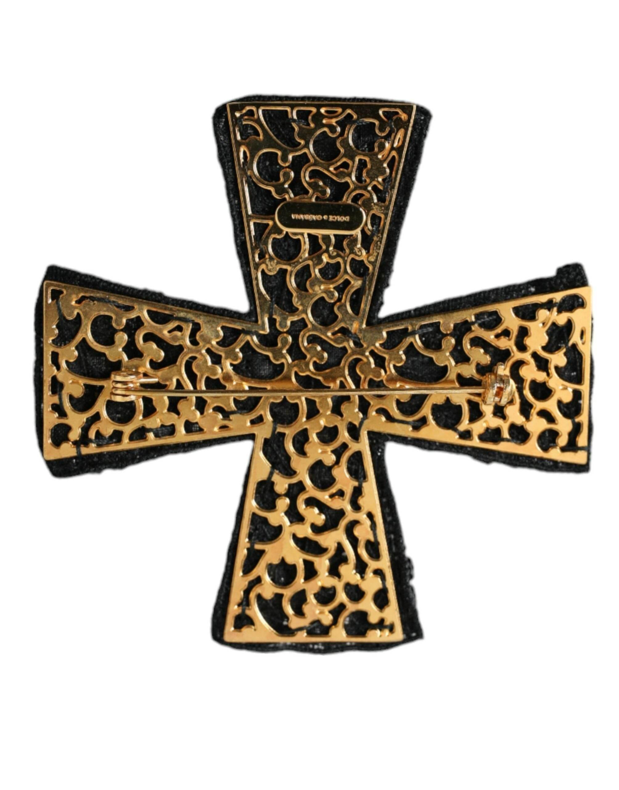 Dolce & Gabbana Black Crystals Embellished Cross Pin Brooch - Hilstor