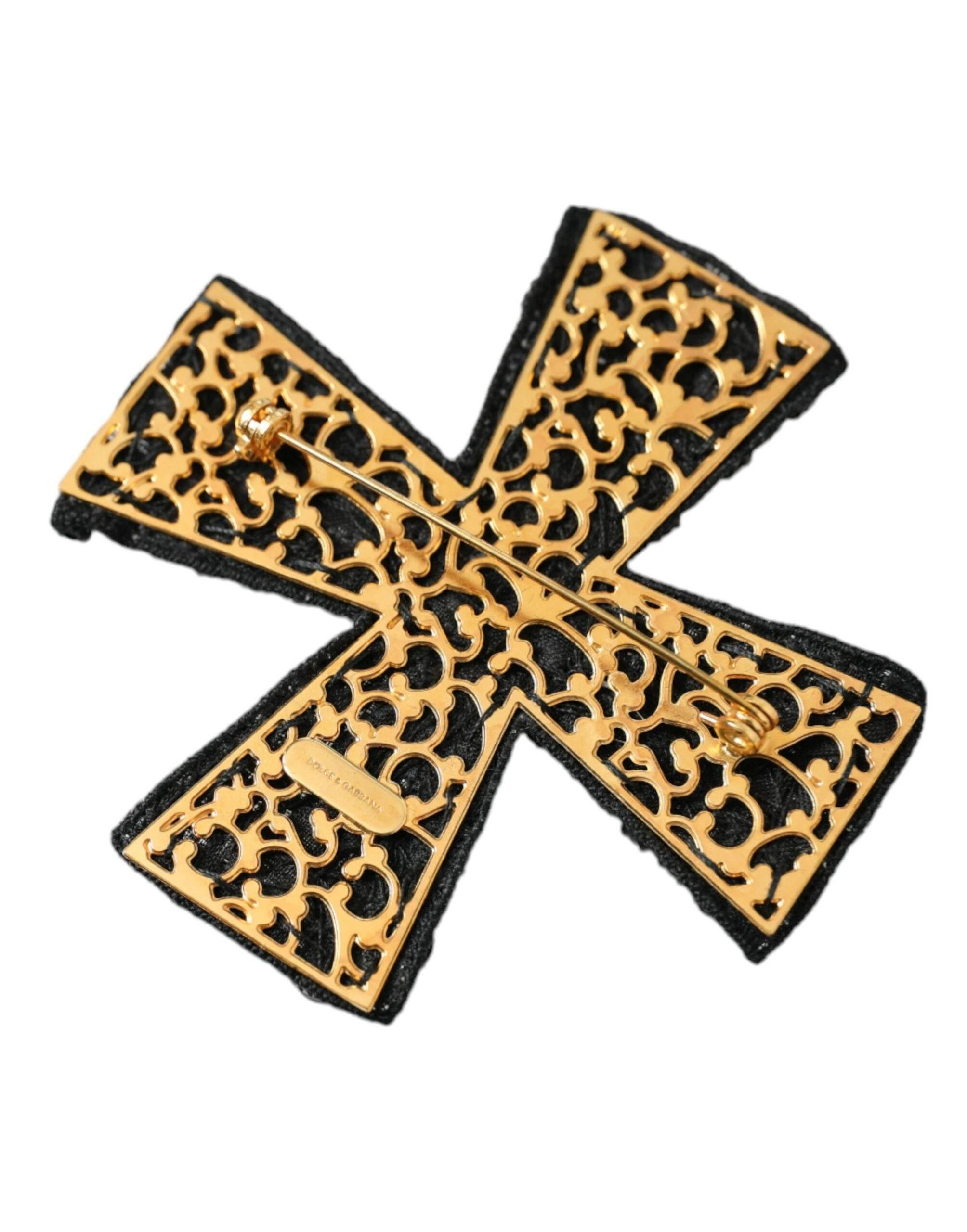 Dolce & Gabbana Black Crystals Embellished Cross Pin Brooch - Hilstor