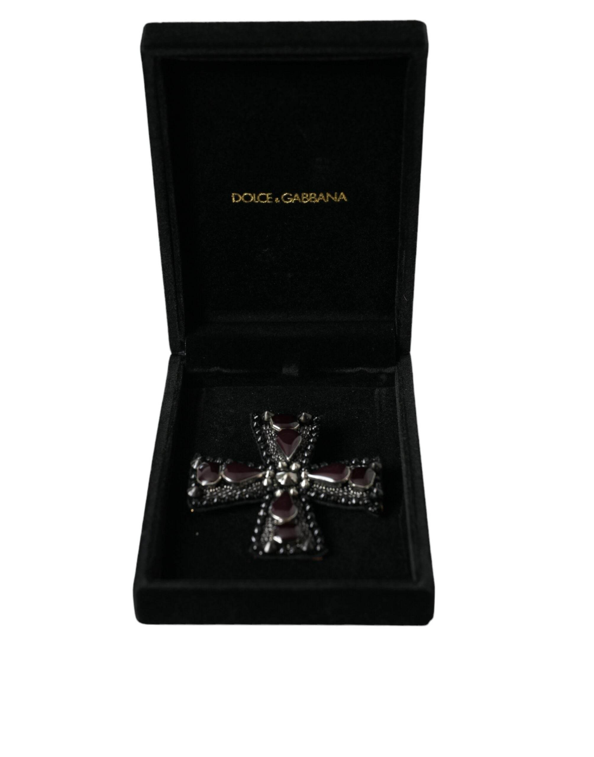 Dolce & Gabbana Black Crystals Embellished Cross Pin Brooch - Hilstor