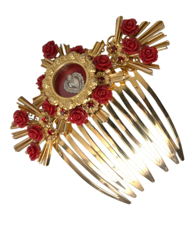 Dolce & Gabbana Gold Brass Crystal Heart Floral Hair Comb - Hilstor