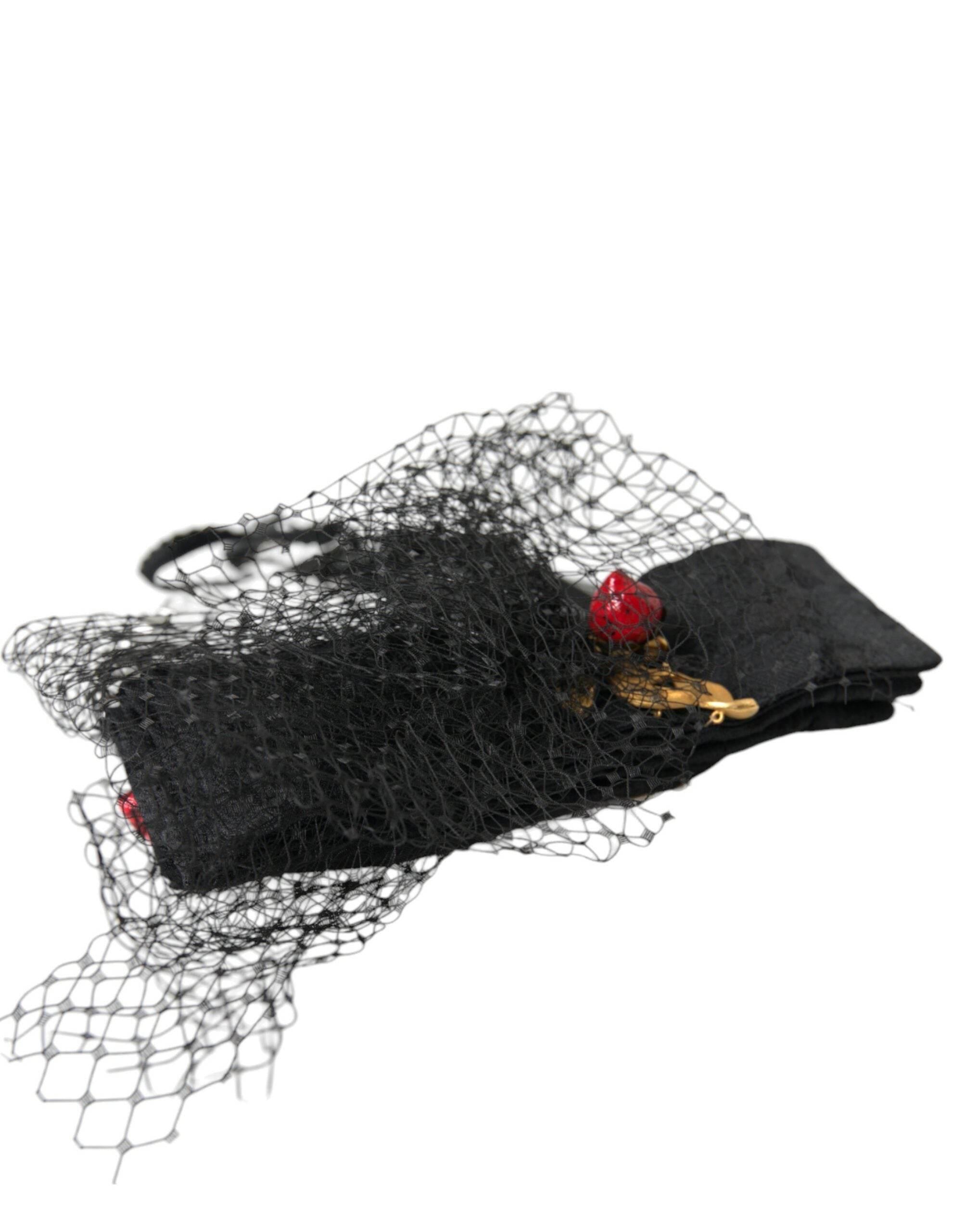 Dolce & Gabbana Black Strawberry Sicily Crystal Mesh Net Headband Diadem - Hilstor