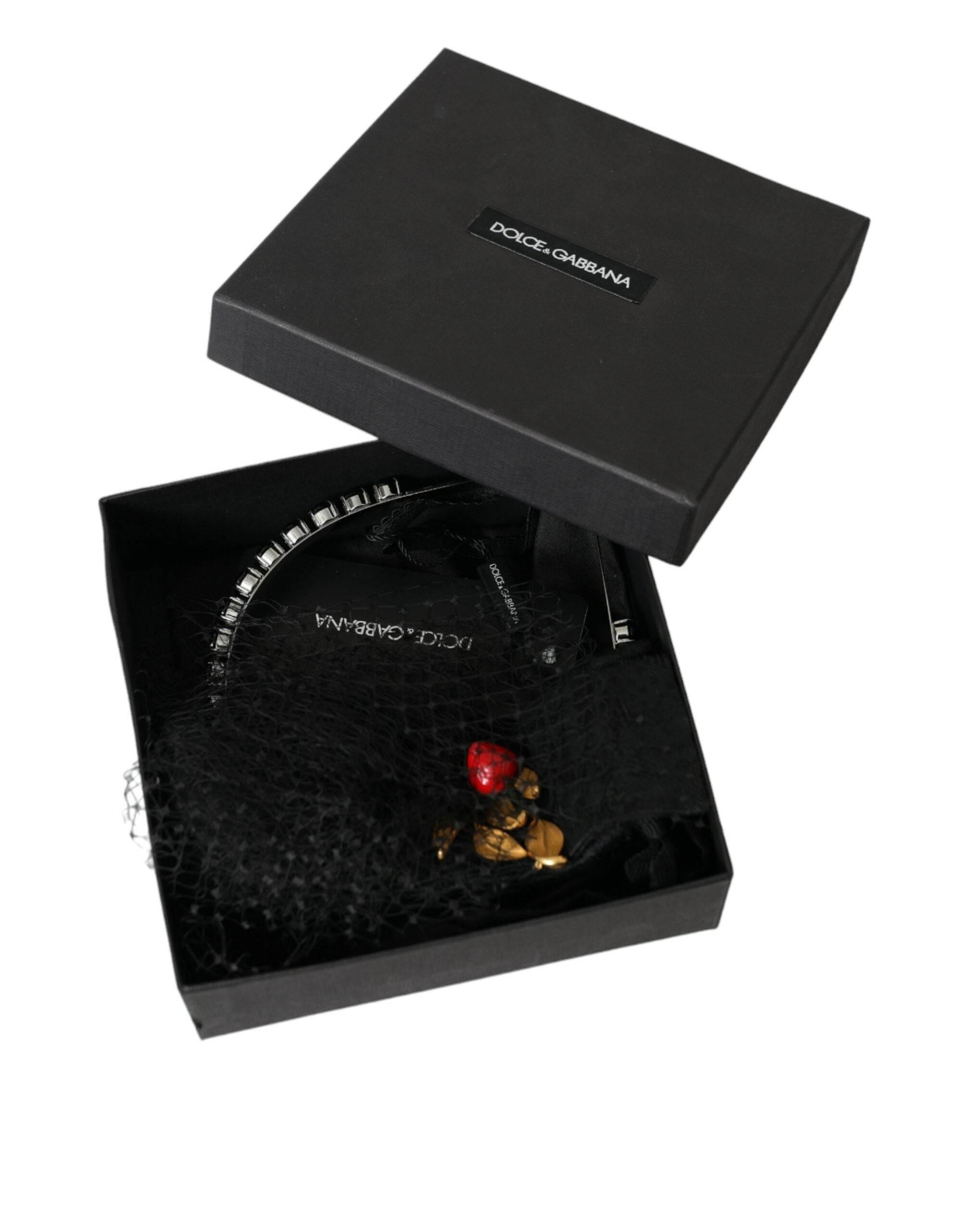 Dolce & Gabbana Black Strawberry Sicily Crystal Mesh Net Headband Diadem - Hilstor
