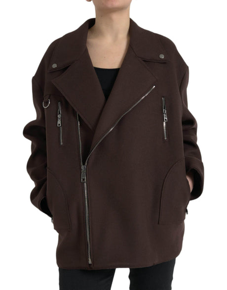 Dolce & Gabbana Brown Coat Short Biker Wool Jacket - Hilstor