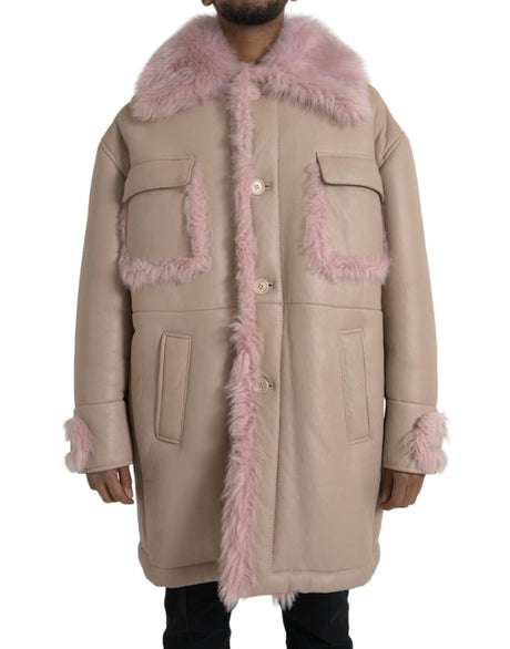Dolce & Gabbana Beige Pink Lamb Leather Shearling Coat Jacket - Hilstor