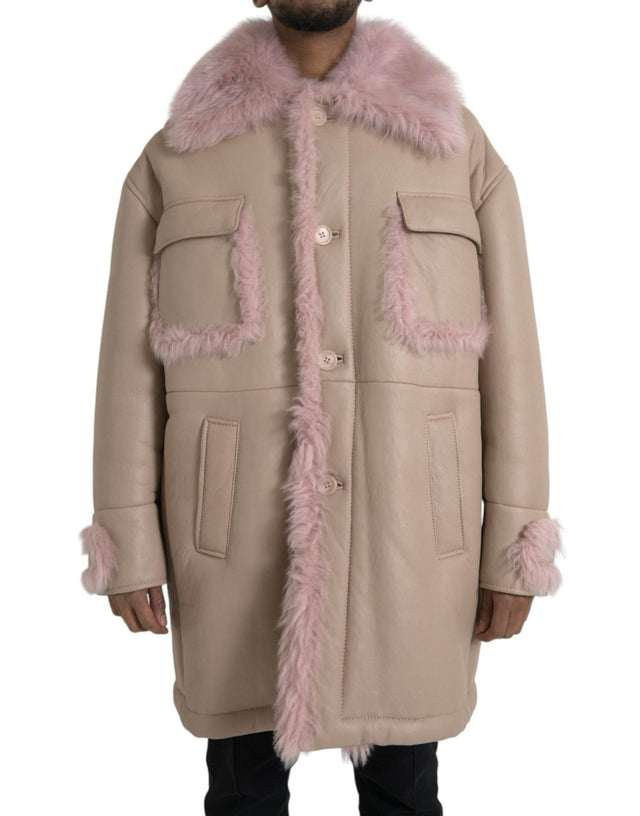 Dolce & Gabbana Beige Pink Lamb Leather Shearling Coat Jacket - Hilstor