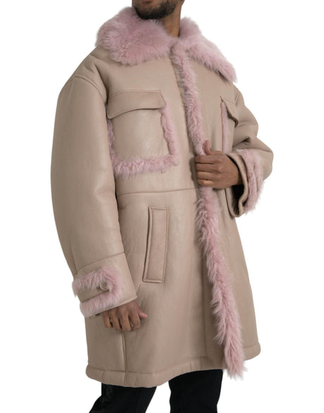 Dolce & Gabbana Beige Pink Lamb Leather Shearling Coat Jacket - Hilstor