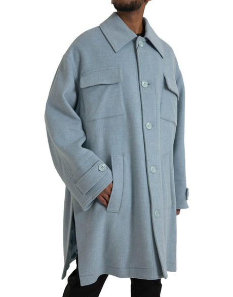 Dolce & Gabbana Light Blue Wool Button Trench Coat Jacket - Hilstor