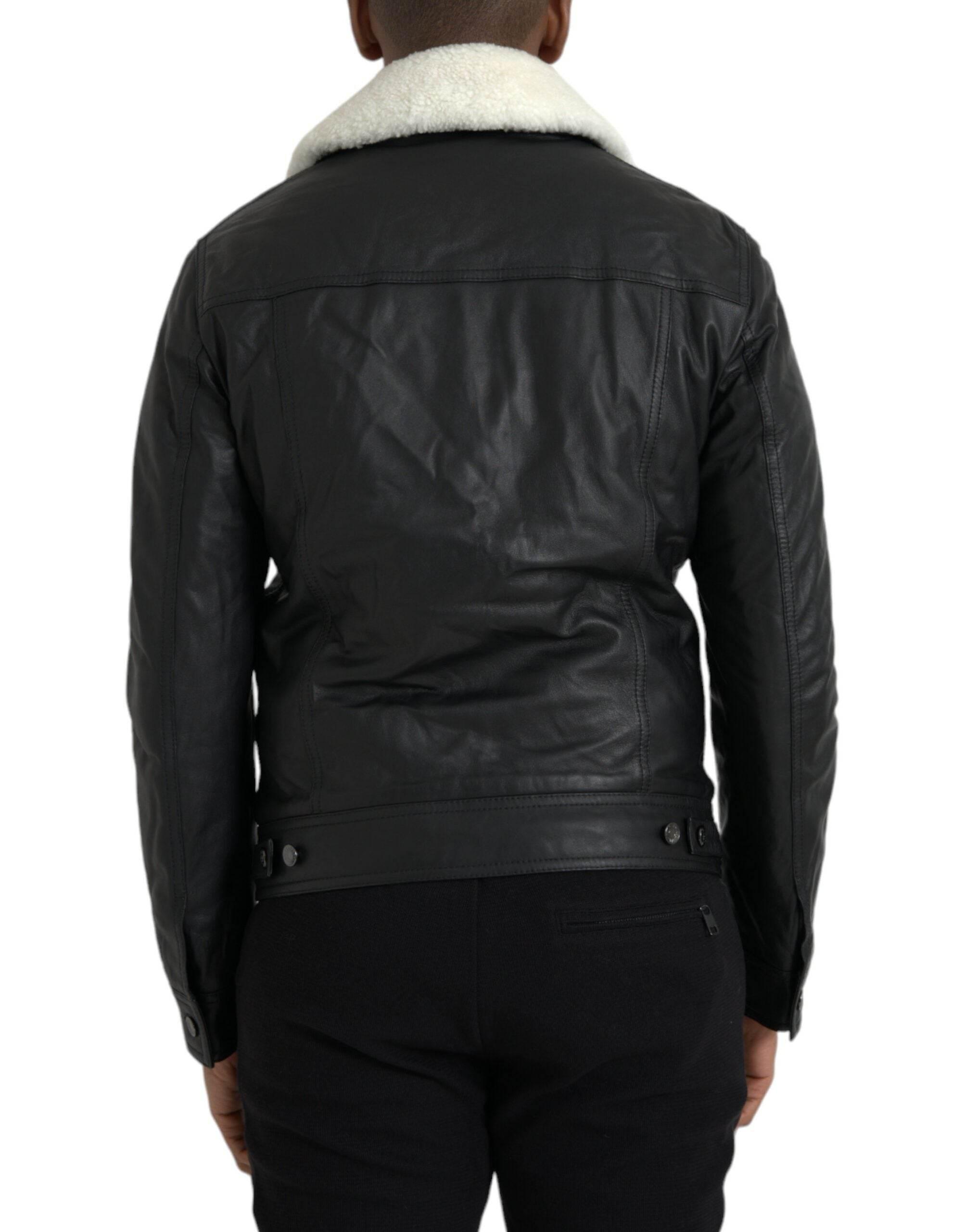 Dolce & Gabbana Black Leather Fur Collar Biker Coat Jacket - Hilstor