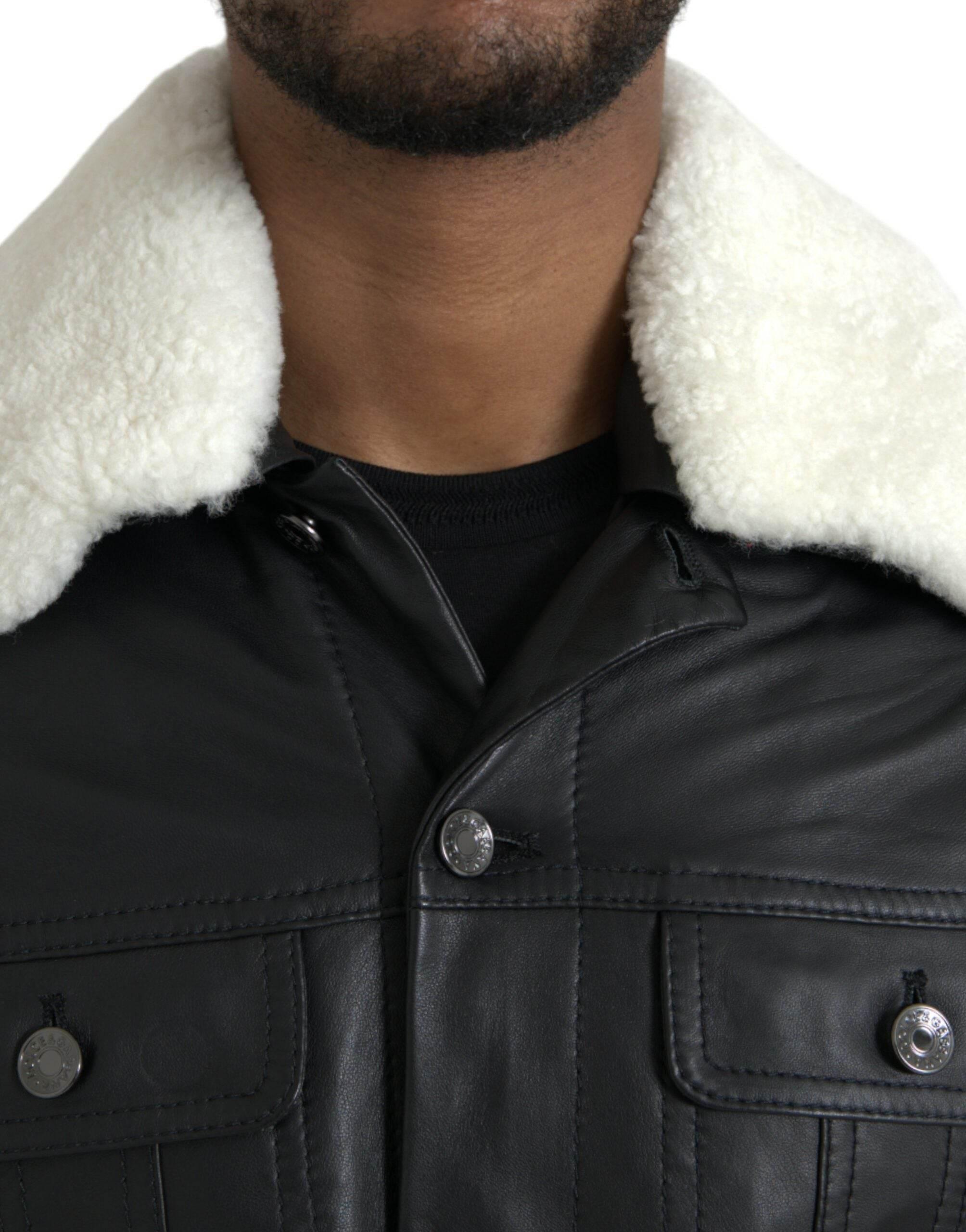 Dolce & Gabbana Black Leather Fur Collar Biker Coat Jacket - Hilstor
