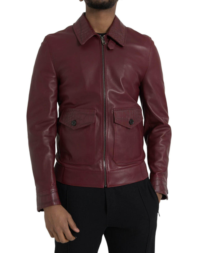 Dolce & Gabbana Maroon Exotic Leather Zip Biker Coat Jacket - Hilstor
