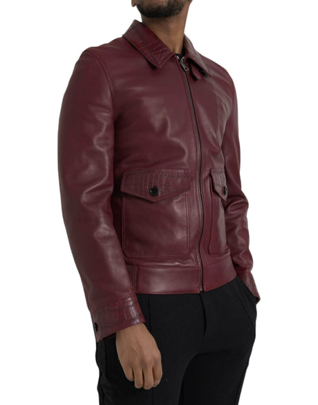 Dolce & Gabbana Maroon Exotic Leather Zip Biker Coat Jacket - Hilstor