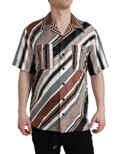 Dolce & Gabbana Brown White Silk Striped Short Sleeve Shirt - Hilstor