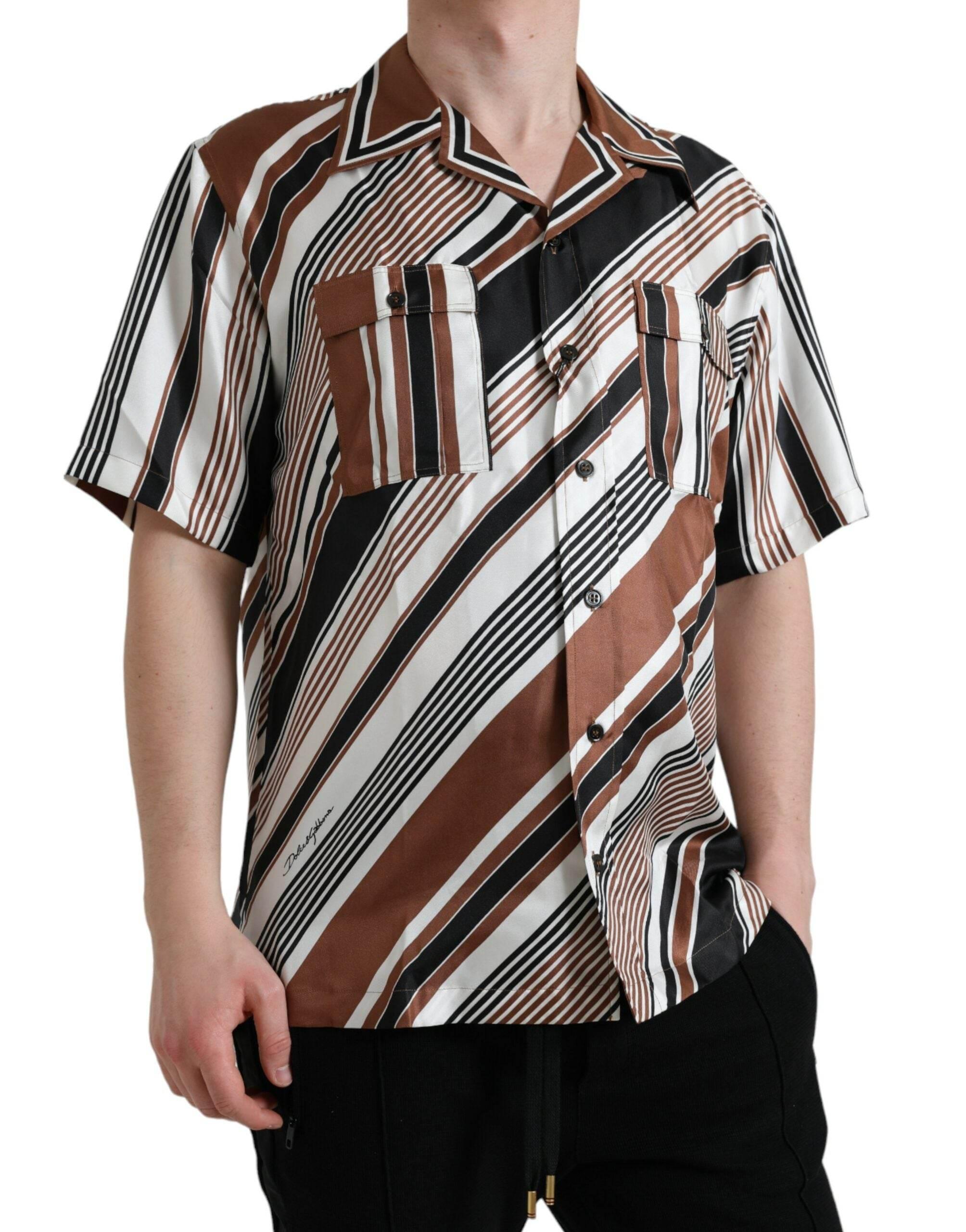 Dolce & Gabbana Brown White Silk Striped Short Sleeve Shirt - Hilstor