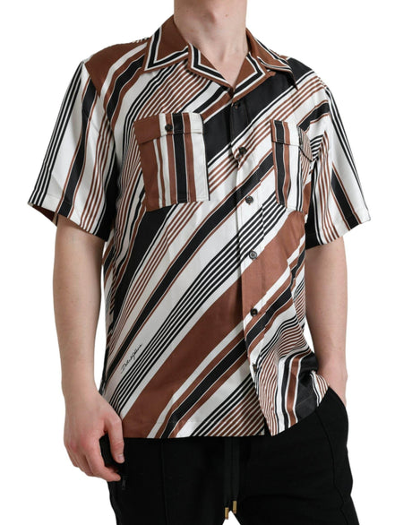 Dolce & Gabbana Brown White Silk Striped Short Sleeve Shirt - Hilstor