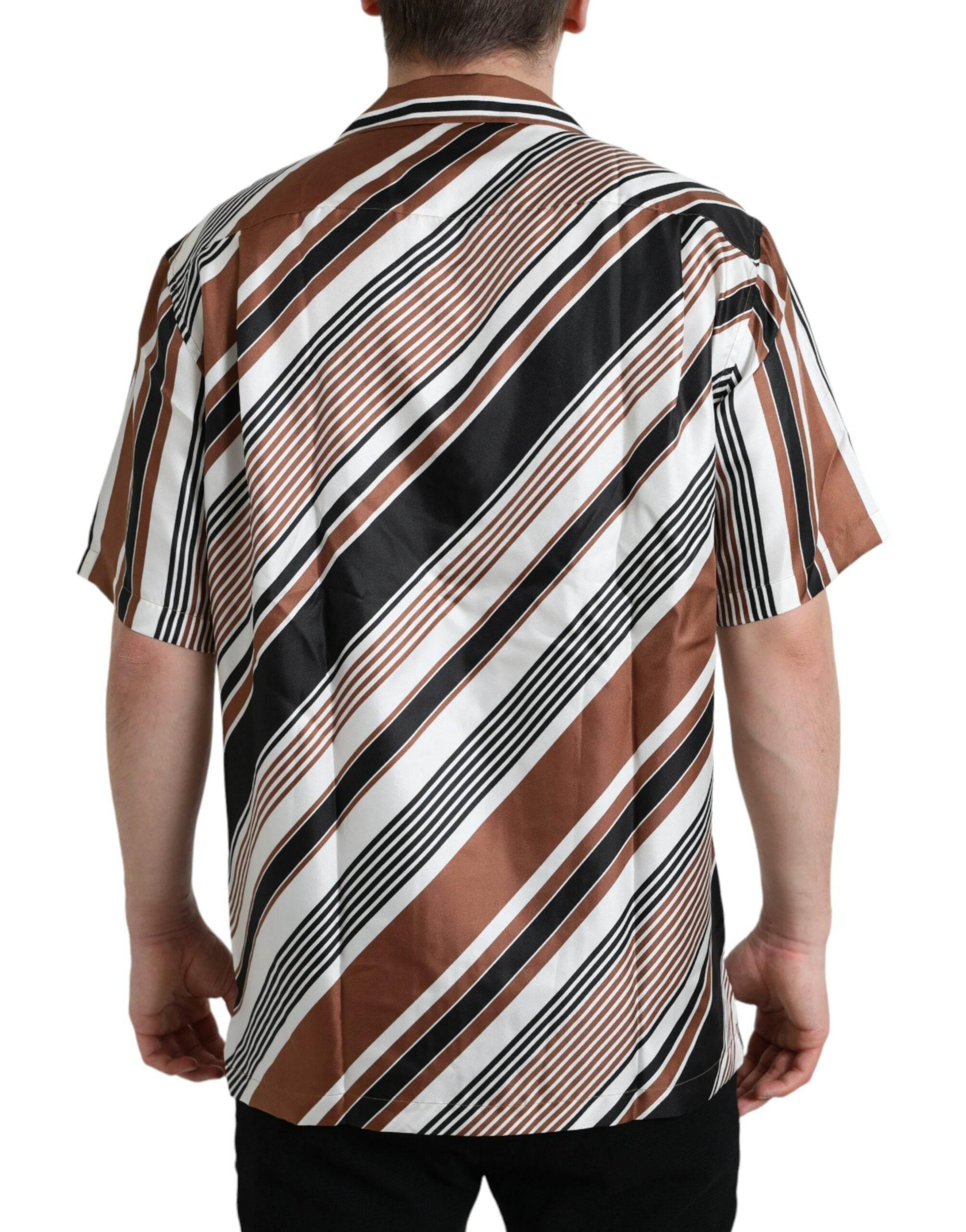 Dolce & Gabbana Brown White Silk Striped Short Sleeve Shirt - Hilstor