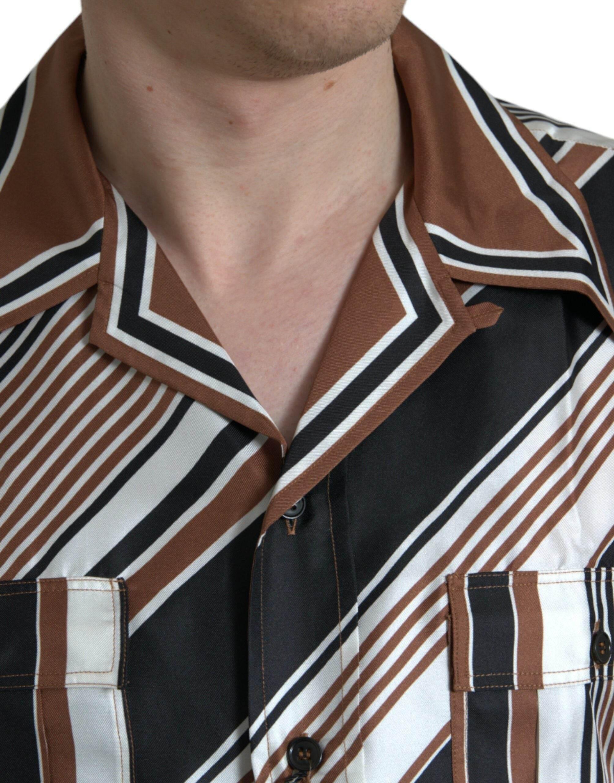 Dolce & Gabbana Brown White Silk Striped Short Sleeve Shirt - Hilstor